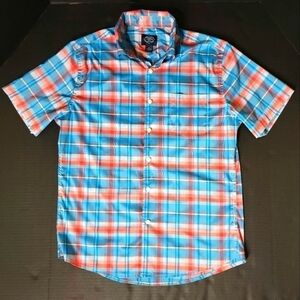 Mens St. John's Bay Blue And Orange Plaid Short Sleeve Button Down Size Medium